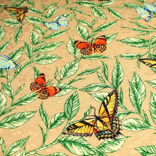 1676 Жаккард хлопок натуральный бабочки на листьях на бежевом фоне